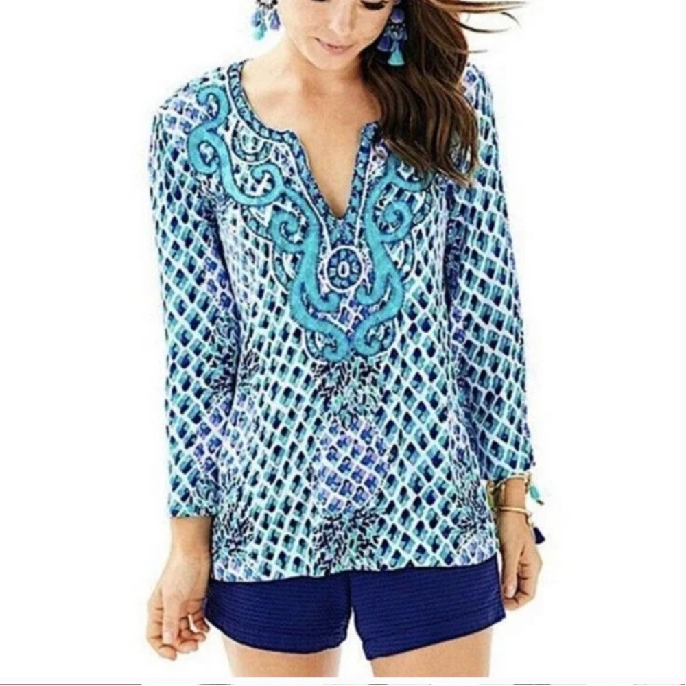 Lilly Pulitzer Amelia Island Tunic Toe in print Resort white XL